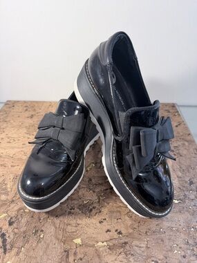 Patent Platform Loafers with Bow Detail - Black